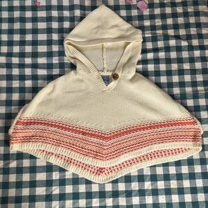 White/cream pink and red hooded knit poncho